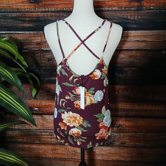 NWT Papermoon Tank Top Small Basima Cross Strap Flowy Burgundy Wine Floral Rayon - Picture 4 of 9